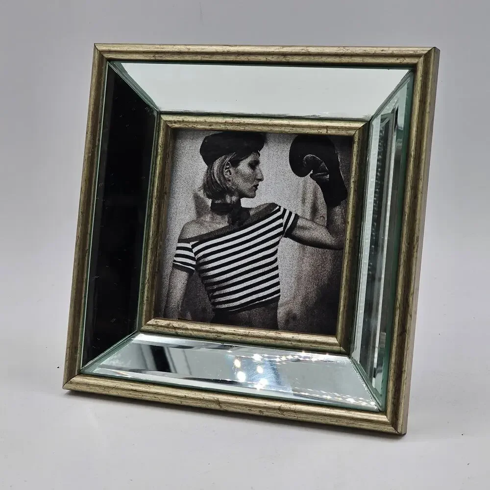 Vintage Silver Beveled Mirror Picture Frame Tabletop or Wall Holds 4x4 Photo